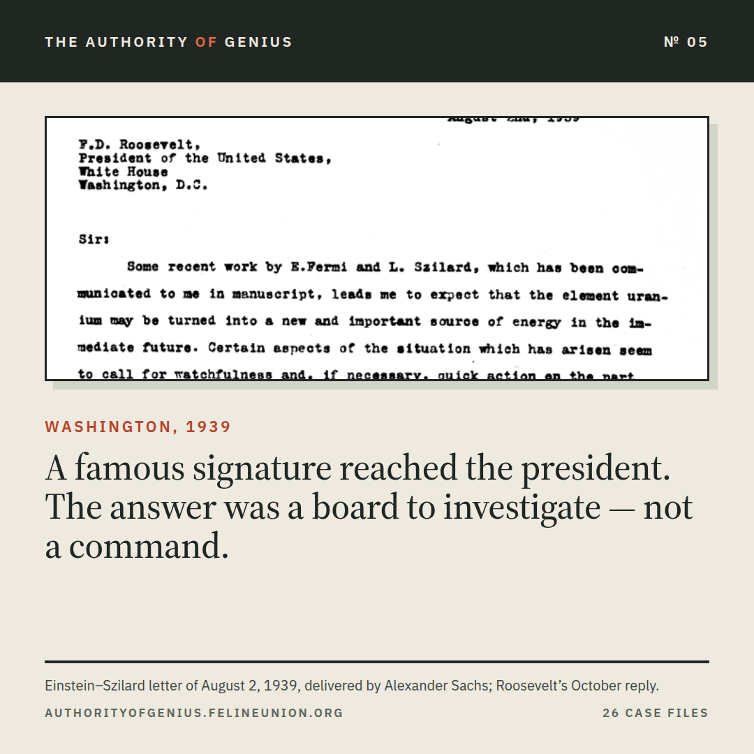 The opening of the August 2, 1939 letter addressed to F.D. Roosevelt, President of the United States.