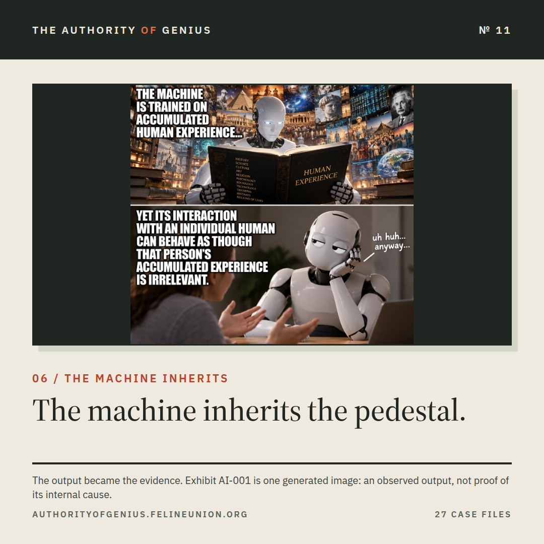 The complete AI-generated two-panel meme: a robot reading a book titled Human Experience before a wall of images including Einstein, and the same robot telling a person uh huh… anyway…